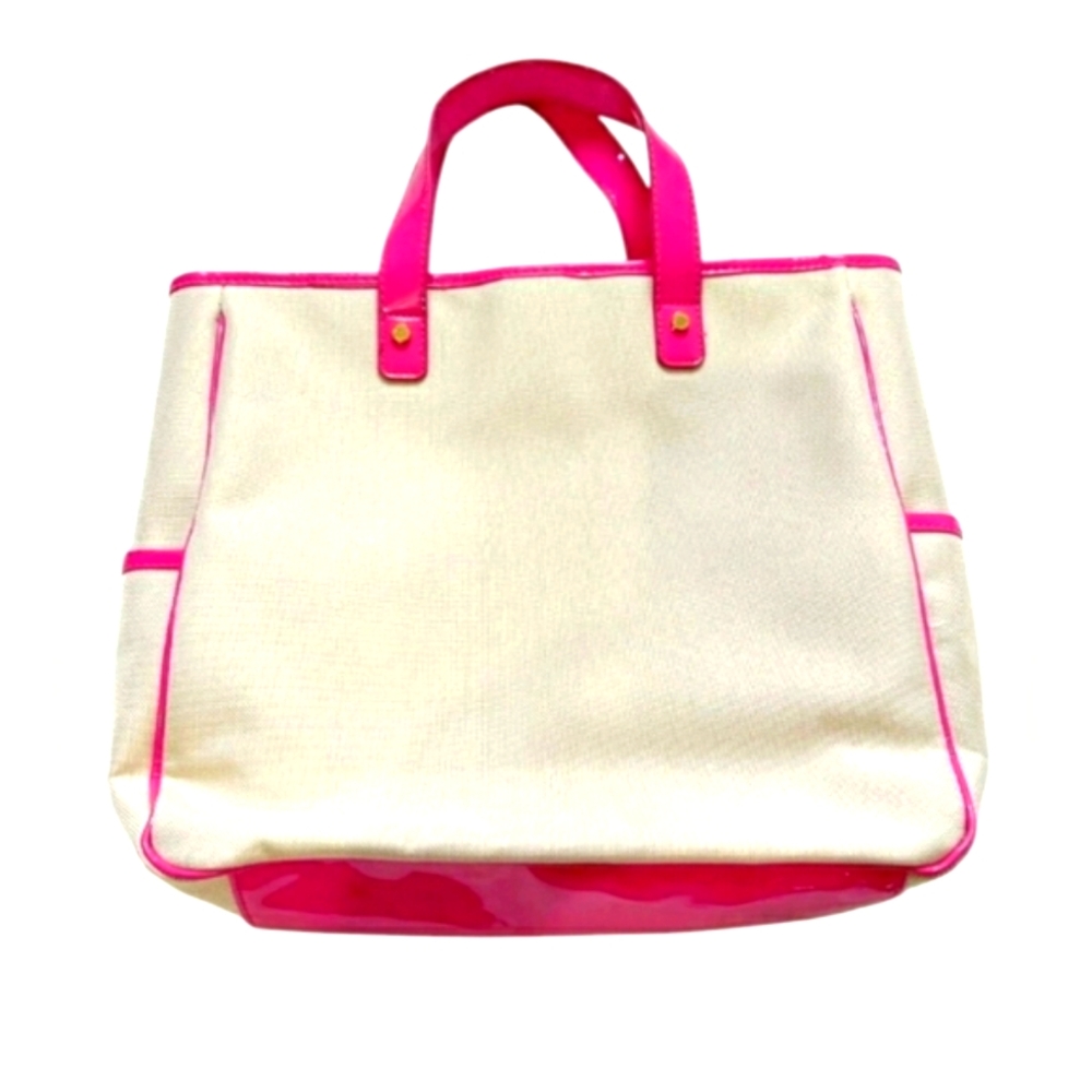 Victoria's Secret Pink Patent Leather & Cream Canvas Large Tote Bag Purse Beach - Picture 10 of 12